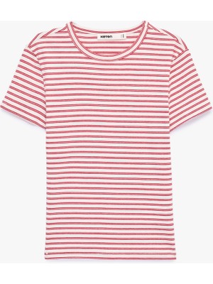Koton Pamuklu Kısa Kollu Bisiklet Yaka Çizgili Tişört