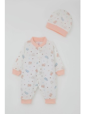 Breeze Kız Bebek Tulum Renkli Kedicik Desenli Minnoş Ayaklar 0-6 Ay, Beyaz