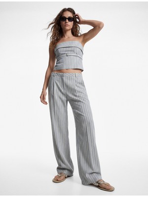 Koton Viskon Karışımlı Pile Detaylı Çizgili Geniş Paça Pantolon