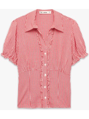 Koton Slim Fit Kısa Balon Kollu Düğmeli Klasik Yaka Pötikareli Gömlek
