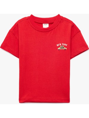 Koton Pamuklu Kısa Kollu Bisiklet Yaka Nakışlı Tişört