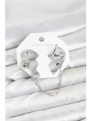 Pirinç Gümüş Renk Yılan Model Zincir Bağlantılı Ear Cuff Küpe Seti (VICE/1395)