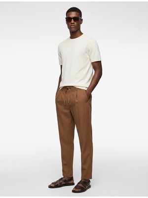 Koton Regular Fit Beli Lastikli Düğmeli Düz Paça Keten Karışımlı Chino Pantolon