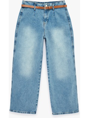 Koton Yüksek Bel Pamuklu Kemerli Kısa Geniş Paça Denim Pantolon - Wide Leg Jean