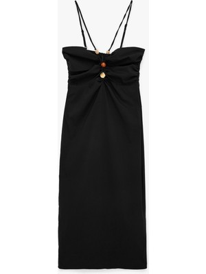 Koton Slim Fit Büzgülü Boncuk Detaylı Ip Askılı Midi Elbise