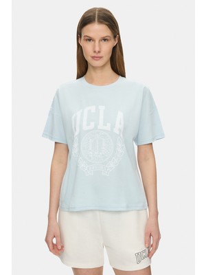 Ucla Avalon Gök Mavi Bisiklet Yaka Baskılı %100 Pamuk Loose Fit Kadın Tshirt