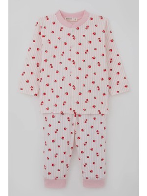 Breeze Kız Bebek Pijama Takımı Önden Çıtçıtlı Çilek Desenli 4 Ay-1 Yaş, Ekru