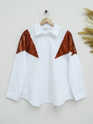 Moda Morfo Pul Payet Detaylı Salaş Gömlek -Kiremit