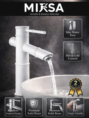 Mixsa Premium Bambu Beyaz Banyo Lavabo Bataryası Çeşmesi Musluğu Modern Musluk