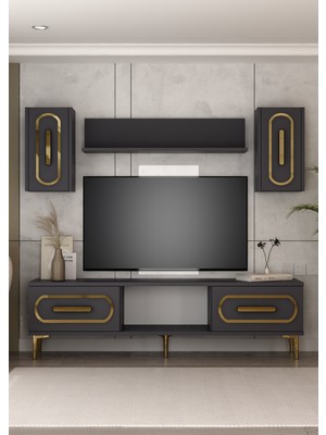 Demonte Decor 1406TV150DD-128 Tv Ünitesi Takımı, Sehpası Antrasit-Altın