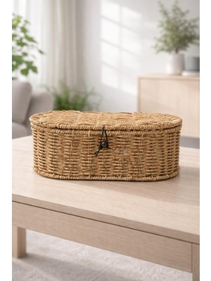 PremiumPort Rattan Oval Organizer Sepet, Çok Amaçlı Dekoratif Saklama Kutusu