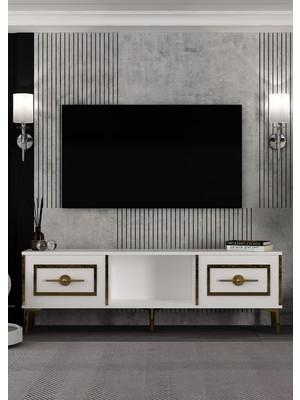 Demonte Decor 1407TV150DD-32 Tv Sehpası Beyaz-Altın