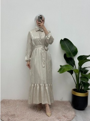 Moda Morfo Eteği Parçalı Kolu Lastikli Taş Detaylı Elbise -Taş