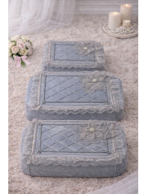 PremiumPort 3'lü Incili Fransız Güpür Boş Çeyizlik Bohça Seti