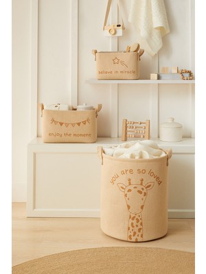 PremiumPort 3'lü Jüt Keten Zürafa Çocuk Odası Sepetleri, Şık ve Pratik Organizerler