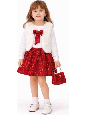 Kız Çocuk Pul Payetli Etekli 4’lü Kombin Set (Bluz, Yelek, Etek & Çanta)
