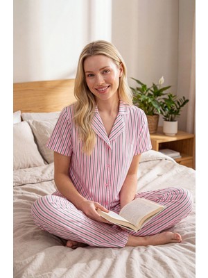 Nbb Pembe Pembe Çizgili Önden Düğmeli Takım