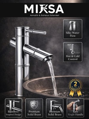 Mixsa Premium Bambu Krom Banyo Lavabo Bataryası Çeşmesi Musluğu Modern Musluk