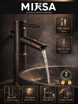 Mixsa Premium Bambu Siyah Eskitme Hissiyatlı Banyo Lavabo Bataryası Çeşmesi Musluğu Modern Musluk