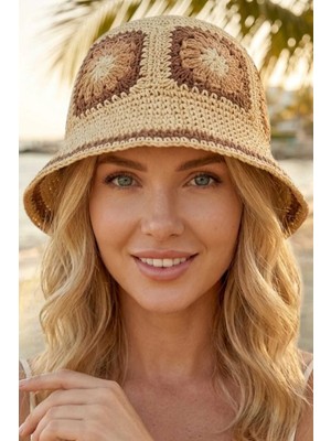 Tezzgelsin Kadın Hasır Bucket Şapka Bohem Motifli Crochet Yazlık Plaj Şapkası
