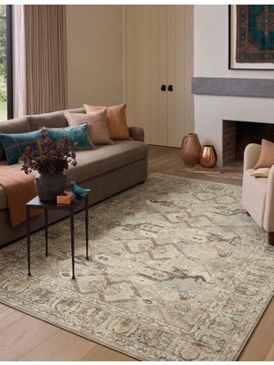 Pera Halı Kum Beji ve Vizon Geometrik Motifli Vintage Eskitme Halı - FMBH08