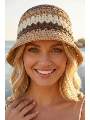 Tezzgelsin Kadın Hasır Bucket Şapka Zikzak Desenli Crochet Yazlık Plaj Şapkası