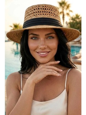 Tezzgelsin Kadın Hasır Şapka Riviera Stil Delikli Örgü Yazlık Plaj Şapkası