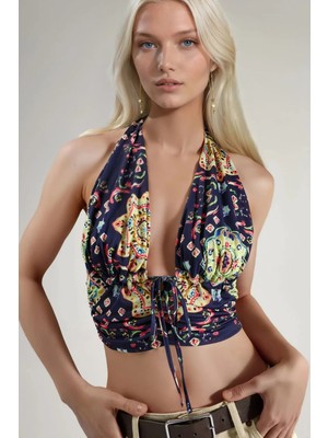 Hiccup Kadınlar Büzgü Detaylı Desenli Crop Top Mavi