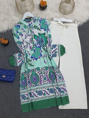 Moda Morfo Çiçek Desenli Yarım Düğmeli Pamuk Viskon Tunik -Yeşil