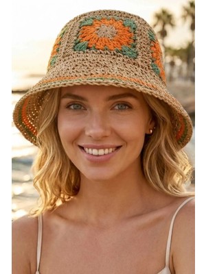 Tezzgelsin Kadın Hasır Bucket Şapka Bohem Motifli Crochet Yazlık Plaj Şapkası
