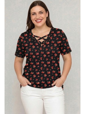 Curvy Trend Büyük Beden V Yaka Çapraz Bantlı Kısa Kol Bluz