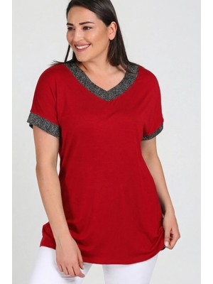 Curvy Trend Büyük Beden Yaka Simli Kısa Kol Bluz