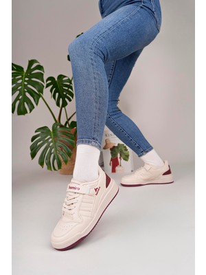 Homiro Unisex Bağcıklı Cırtlı Spor Sneaker Ayakkabı-Krem-Bordo