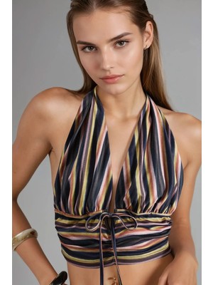 Hiccup Kadınlar Çizgili Halter Yaka Büzgü Detaylı Crop Top Çok Renkli