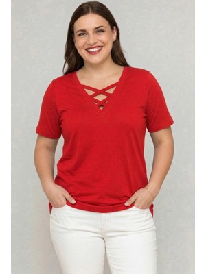 Curvy Trend Büyük Beden V Yaka Çapraz Bantlı Kısa Kol Bluz