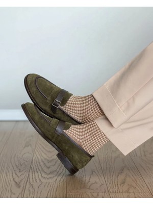 Italyan Stil Iç Dış Naturel Deri Süet Antik Tokalı Erkek Ayakkabı Haki T15210-06