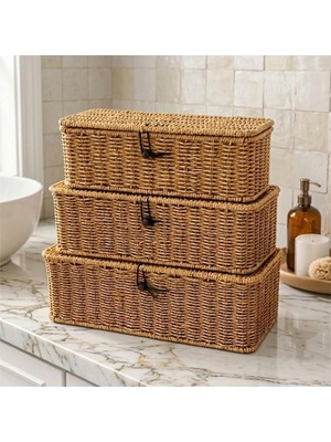 PremiumPort 3’lü Kapaklı Rattan Hasır Sepet Seti, Şık ve Fonksiyonel Organizer