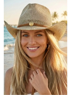 Tezzgelsin Kadın Bej Hasır Kovboy Şapka Bohem Tarz Delikli Yazlık Geniş Kenarlı Şapka