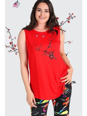 Curvy Trend Büyük Beden Sakura Baskılı Kolsuz Viskon Basic Bluz
