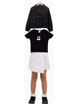 Waka Waka Kids Store Kiraz Baskılı T-Shirt Önden Yırtmaçlı Şort Etek Crop Kot Ceketli Kız Çocuk Takım