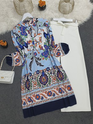 Moda Morfo Çiçek Desenli Yarım Düğmeli Pamuk Viskon Tunik -Laci