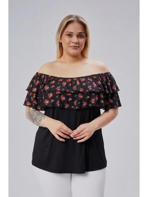 Curvy Trend Büyük Beden Gül Desenli Madonna Yaka Viskon Bluz