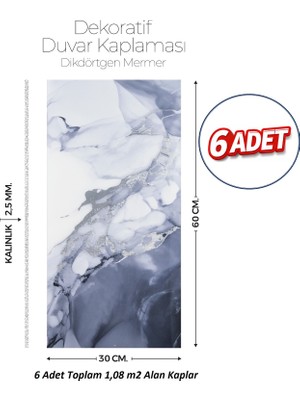 Brano 30X60 cm Kendinden Yapışkanlı Duvar,banyo,tezgah Arası Kaplama Gri-Mavi Mermer