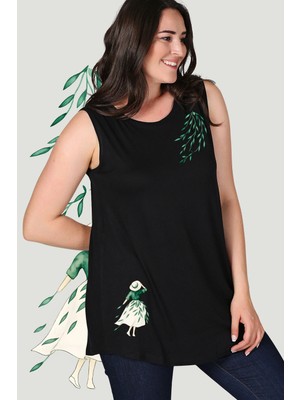 Curvy Trend Büyük Beden Kız ve Yapraklar Baskılı Kolsuz Viskon Basic Bluz