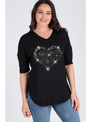 Curvy Trend Büyük Beden Simli Kalp Motif Baskılı Yarım Kol Yan Yırtmaç Bluz