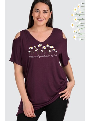 Curvy Trend Büyük Beden Daisies Baskılı Omuzu V Pencere Kısa Kol Bluz