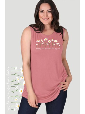 Curvy Trend Büyük Beden Daisies Baskılı Kolsuz Viskon Basic Bluz