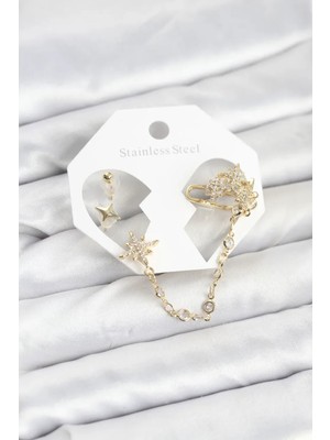 Kutup Yıldızı Model Pirinç Gold Renk Zincir Bağlantılı Ear Cuff Küpe Seti (VICE/1395)