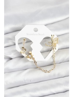 Kelebekli Model Pirinç Gold Renk Zincir Bağlantılı Ear Cuff Küpe Seti (VICE/1395)