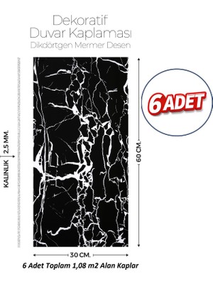 Brano 30X60 cm Kendinden Yapışkanlı Duvar,banyo,tezgah Arası Kaplama Siyah Çizgili Mermer 6 Adet